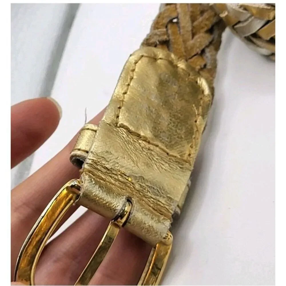 Metallic Gold Silver Braided Leather Belt 38in